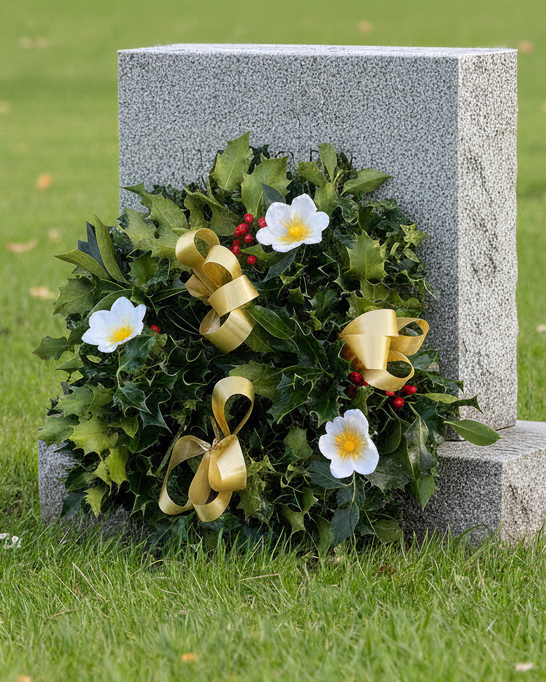 Gold Ribbon Holly Christmas Grave Wreath - Luxury Natural
