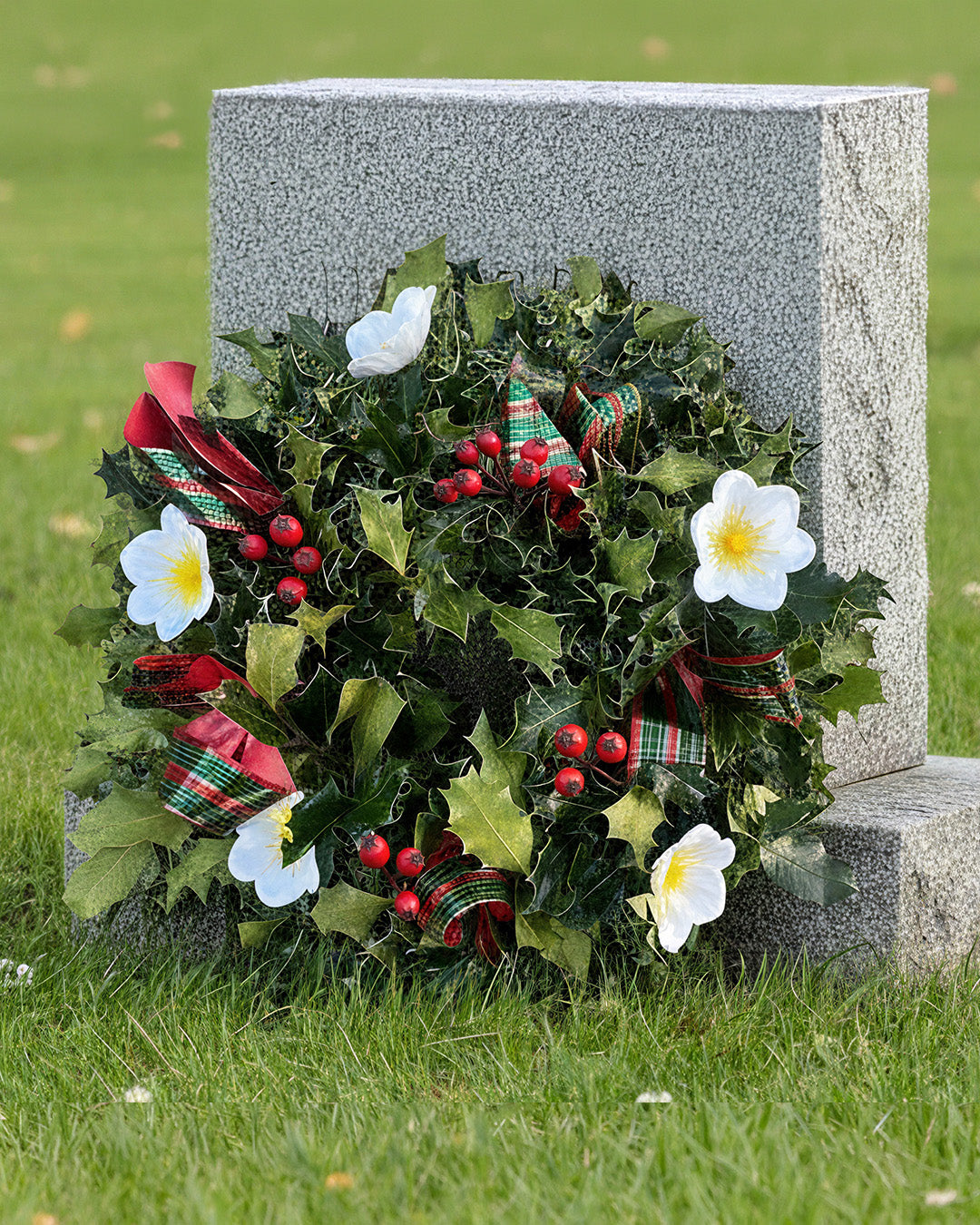 Tartan Ribbon Holly Grave Wreath Luxury