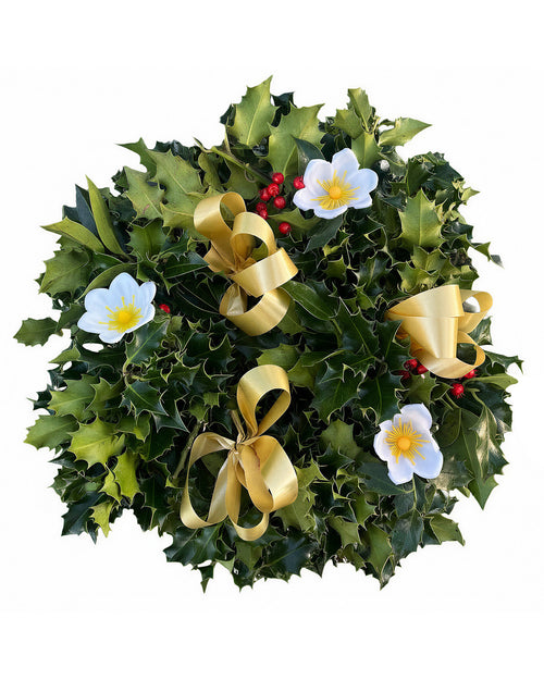 Gold Ribbon Holly Christmas Wreath - Luxury Natural
