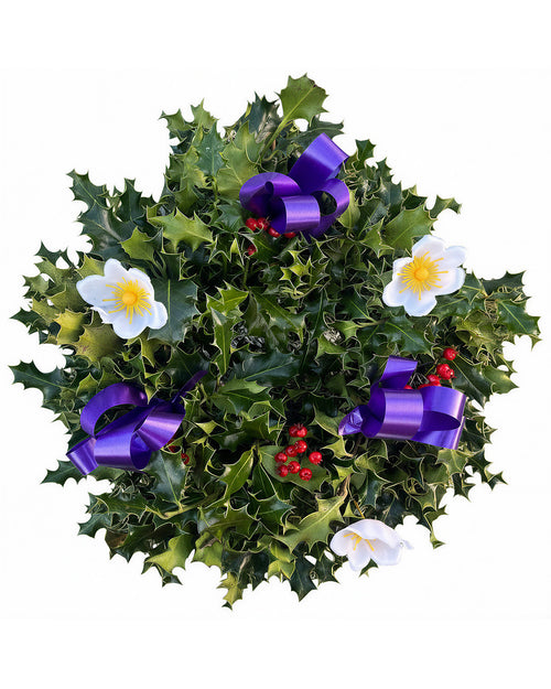 Purple Ribbon Holly Christmas Wreath - Luxury Natural