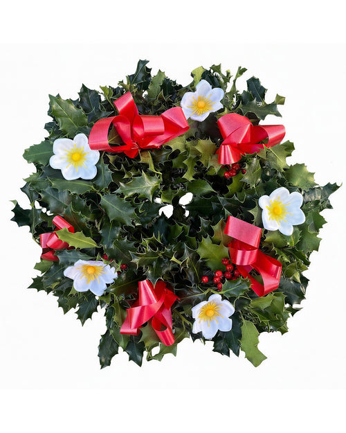 Red Ribbon Holly Christmas Wreath - Luxury Natural