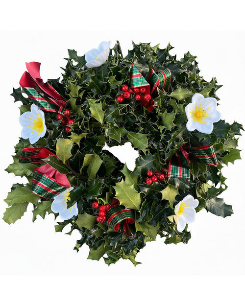 Tartan Ribbon Holly Christmas Wreath - Luxury Natural