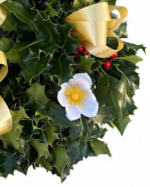 Gold Ribbon Holly Christmas Wreath - Luxury Natural