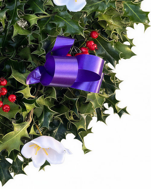Purple Ribbon Holly Christmas Wreath - Luxury Natural