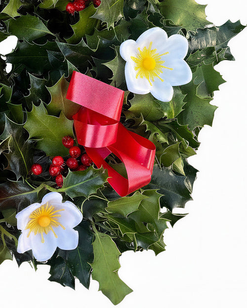 Red Ribbon Holly Christmas Wreath - Luxury Natural