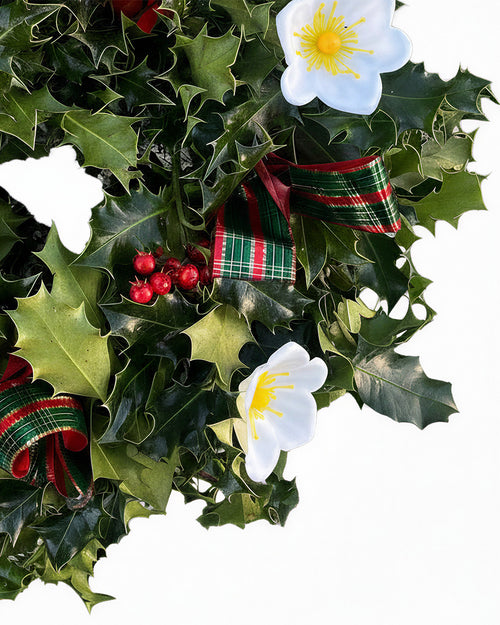 Tartan Ribbon Holly Christmas Wreath - Luxury Natural