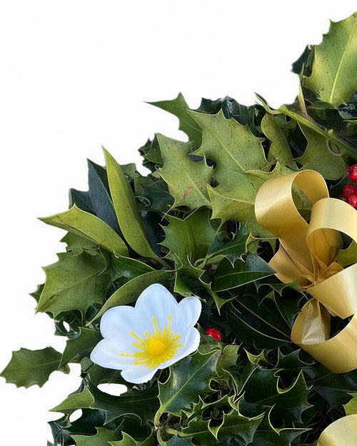 Gold Ribbon Holly Christmas Wreath - Luxury Natural