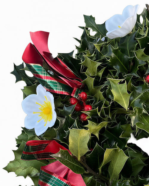 Tartan Ribbon Holly Christmas Wreath - Luxury Natural
