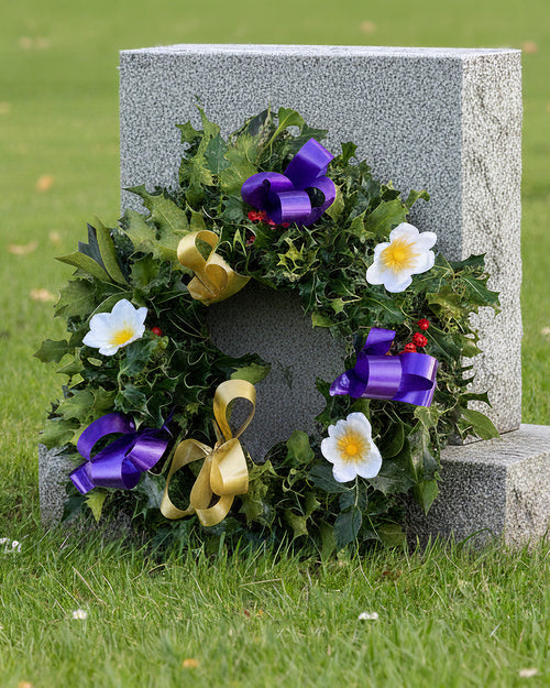 Purple Ribbon Holly Christmas Wreath - Luxury Natural