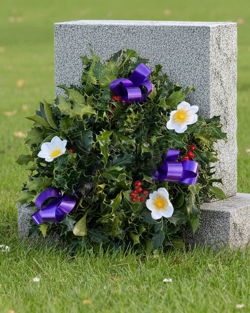 Purple Ribbon Holly Christmas Wreath - Luxury Natural