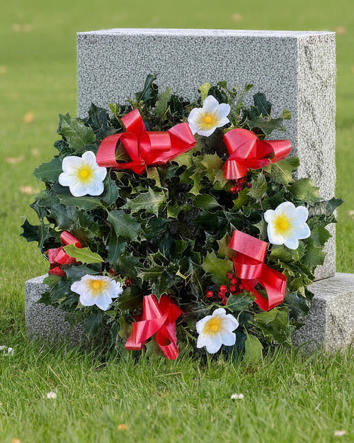 Red Ribbon Holly Christmas Wreath - Luxury Natural