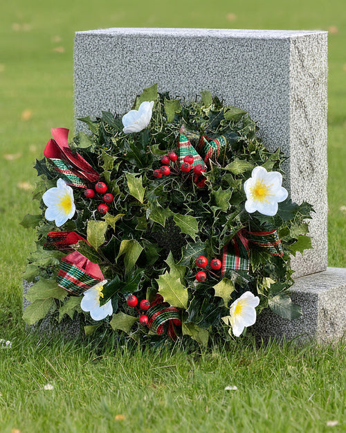 Tartan Ribbon Holly Christmas Wreath - Luxury Natural